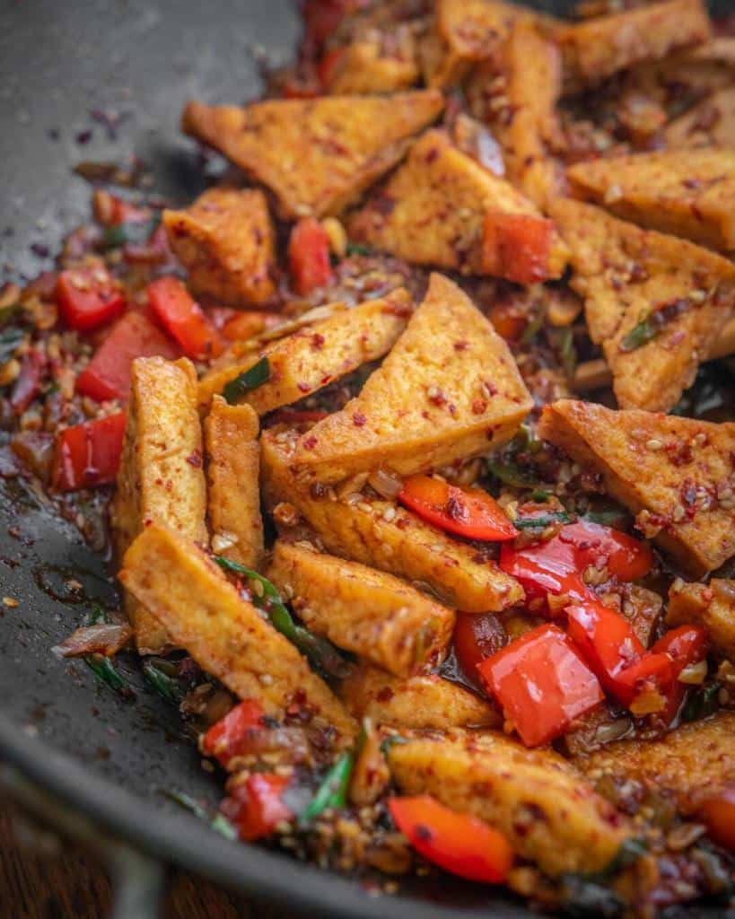 red pepper tofu in a wok