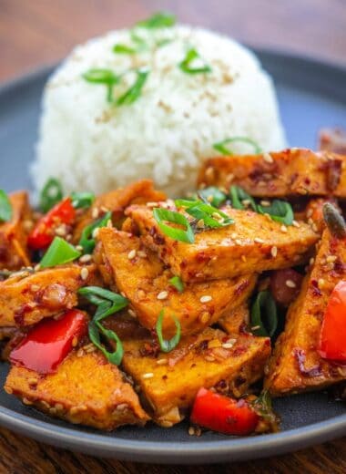red pepper tofu on a plate with rice