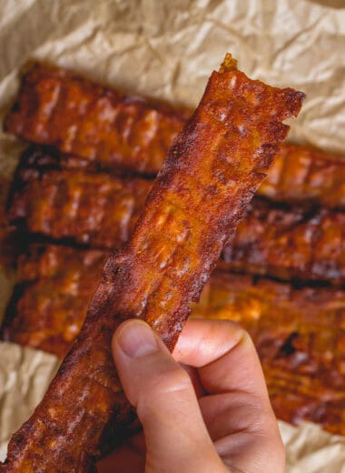 closeup shot of a strip of Gordon Ramsay's vegan bacon