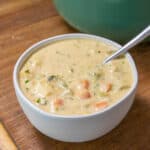 bowl of vegan broccoli cheddar soup