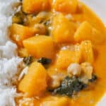 closeup shot of butternut squash curry in a bowl with steamed white rice