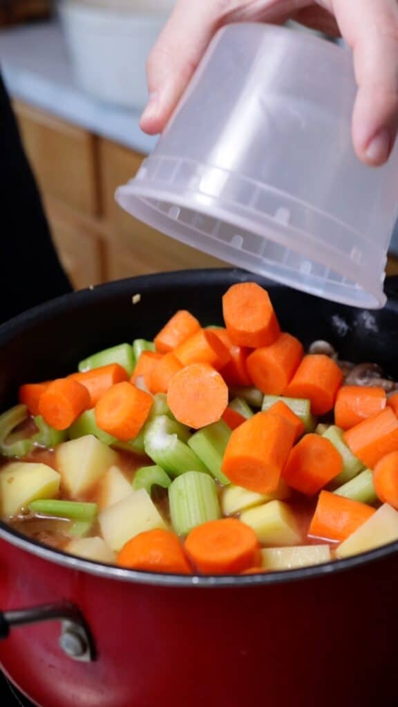 adding carrots and celery into the stew