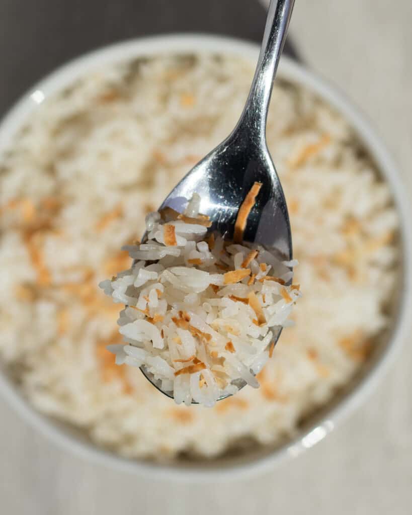 A close up of a spoonful of Coconut rice. You can see the individual grains of rice as well as the flakes of toasted coconut mixed in.