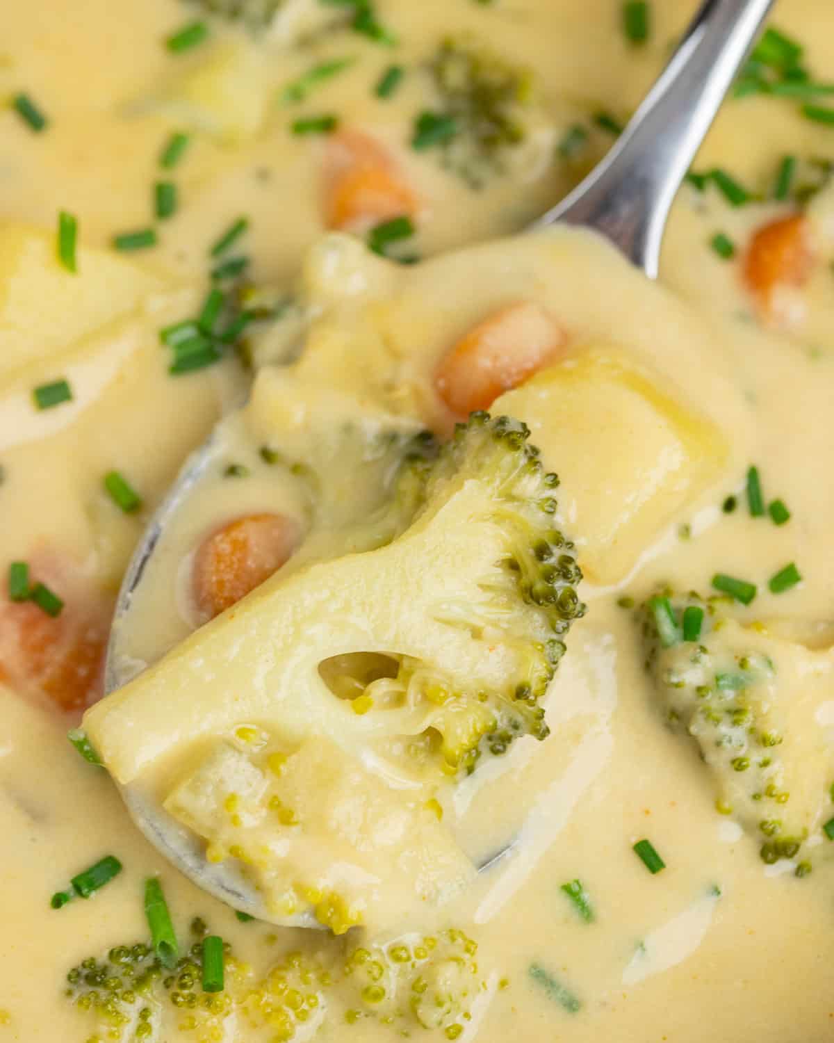 macro shot of a spoonful of vegan broccoli cheddar soup
