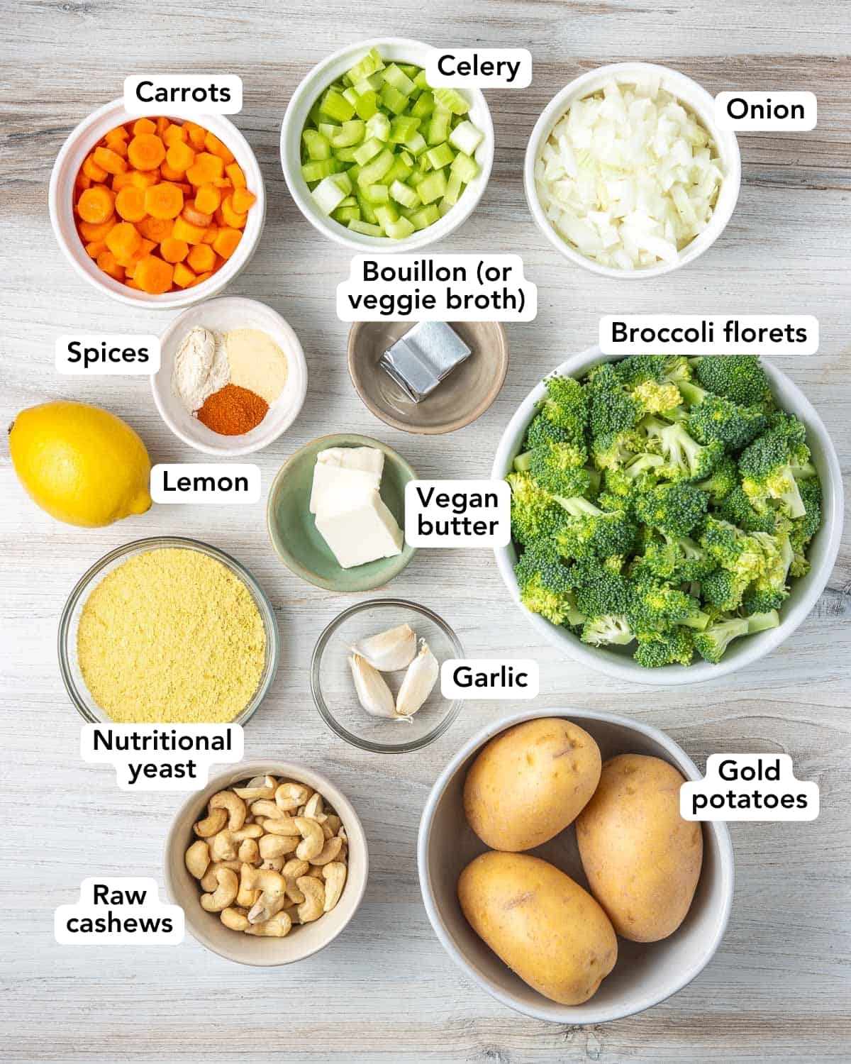 an overhead shot of the ingredients for vegan broccoli cheddar soup