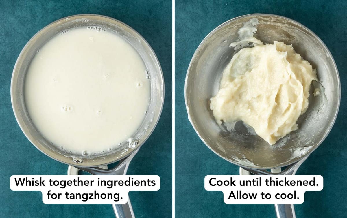 left: water and flour in a small pot right: water and flour cooked into tangzhong in a small pot